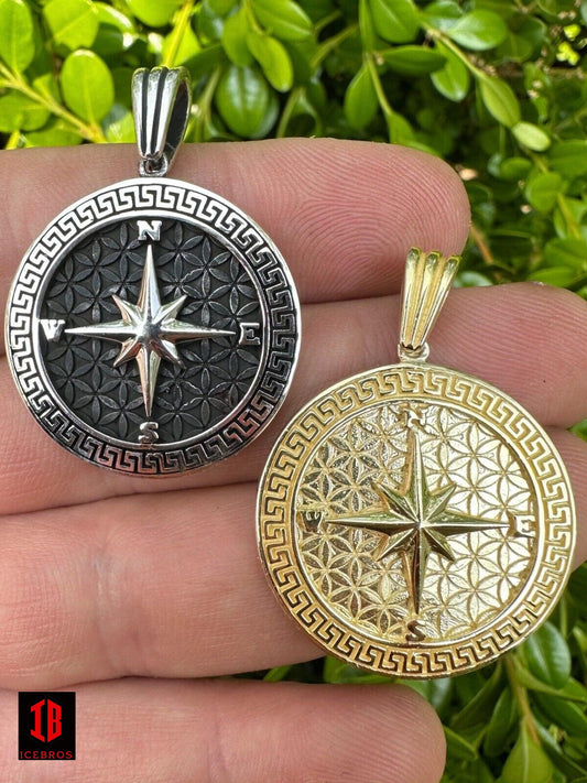 925 Silver Plata 14k Gold Bano North Star Compass Medallion Pendant Necklace