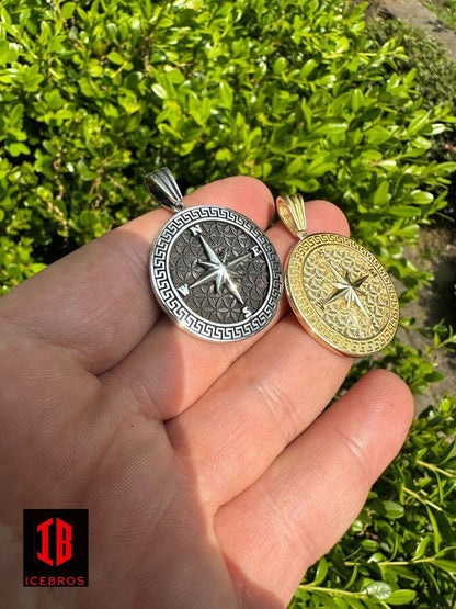 925 Silver Plata 14k Gold Bano North Star Compass Medallion Pendant Necklace