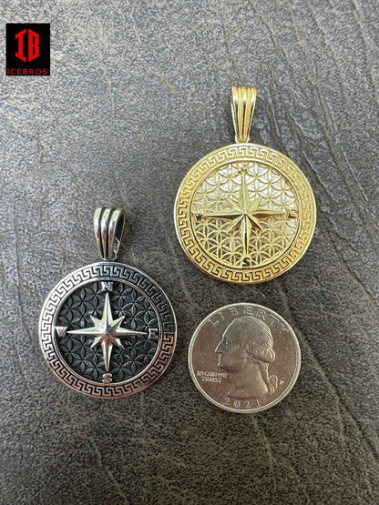 925 Silver Plata 14k Gold Bano North Star Compass Medallion Pendant Necklace