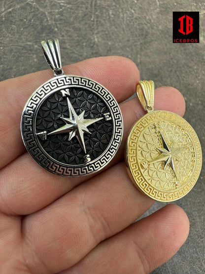 925 Silver Plata 14k Gold Bano North Star Compass Medallion Pendant Necklace