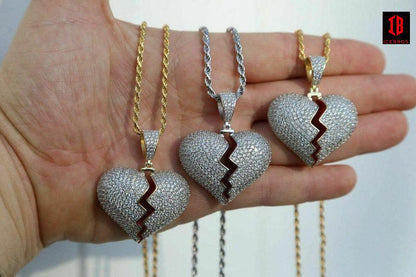 925 Silver Broken Heart Vermeil Necklace Hop Hop Iced Heartbroken Pendant
