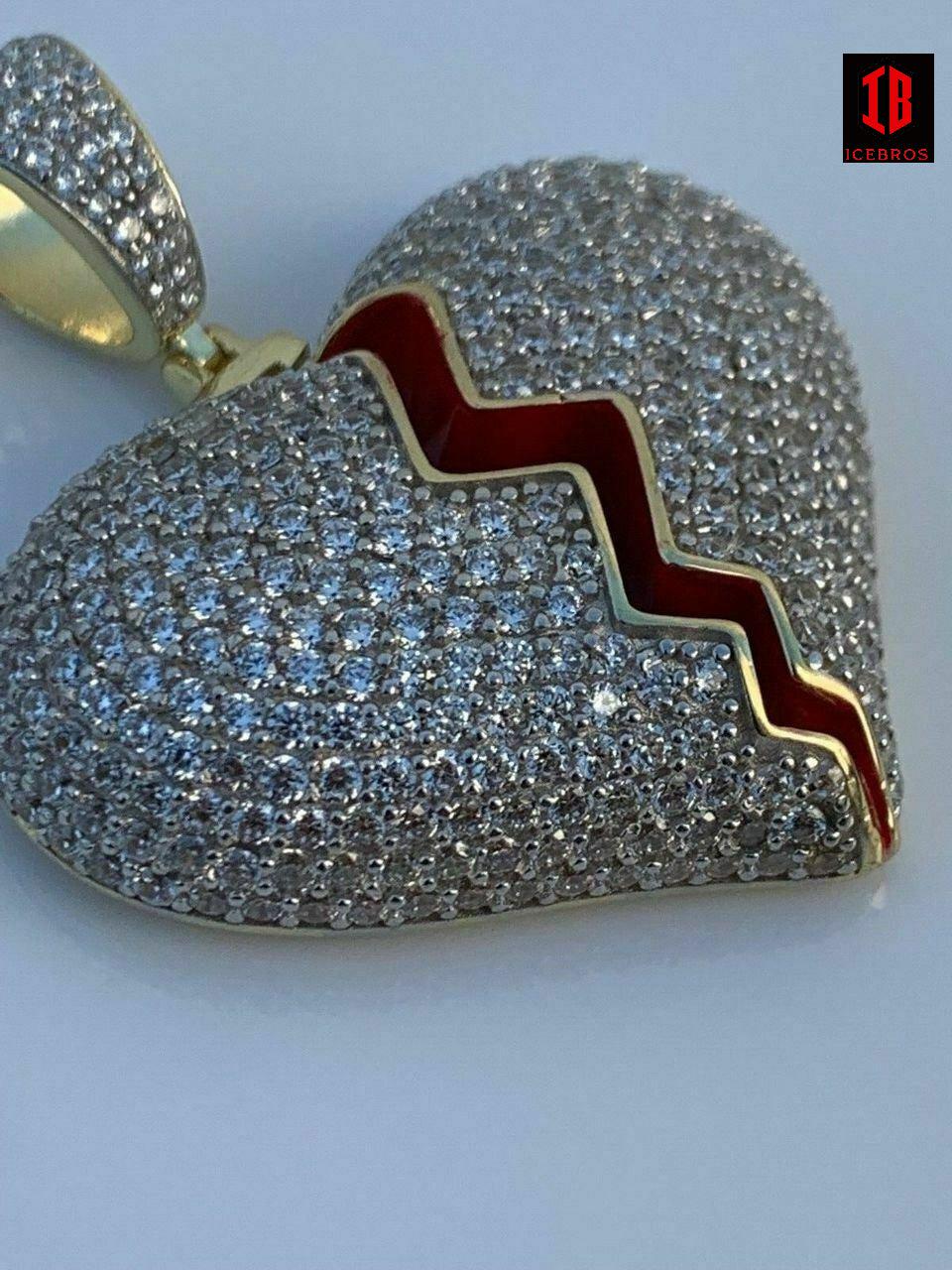 925 Silver Broken Heart Vermeil Necklace Hop Hop Iced Heartbroken Pendant