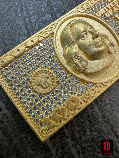 Moissanite $100 Dollar Bill 925 Silver/Gold Plated Iced Benjamin Franklin