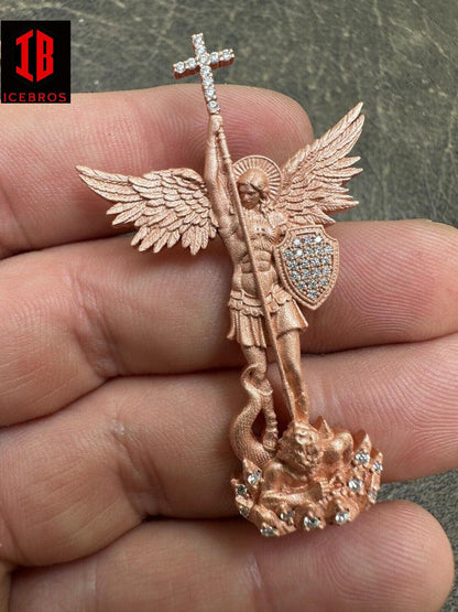 DRAGON SLAYER PENDANT, Moissanite Saint Michael Archangel 14k Gold, White & Rose Gold Finish, 925 Matte Silver Jewelry Charm Gift for Unisex