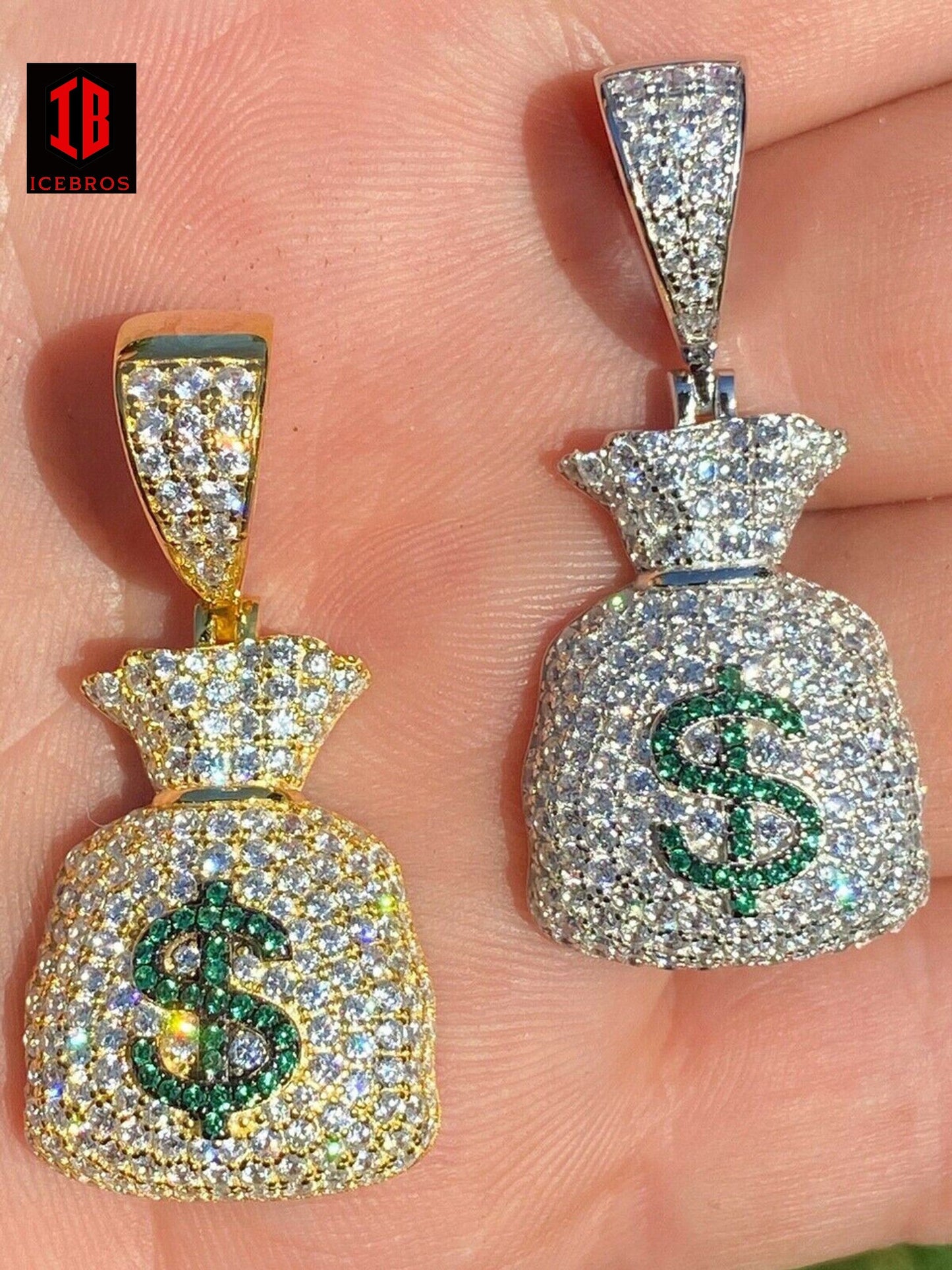 925 Silver Green Money Bag Emoji Pendant Necklace Iced Dollar Sign