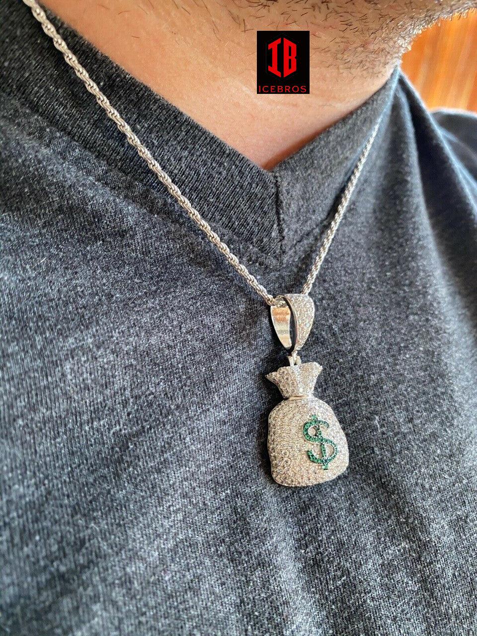 925 Silver Green Money Bag Emoji Pendant Necklace Iced Dollar Sign