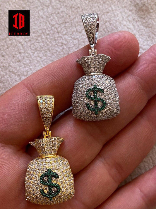 925 Silver Green Money Bag Emoji Pendant Necklace Iced Dollar Sign