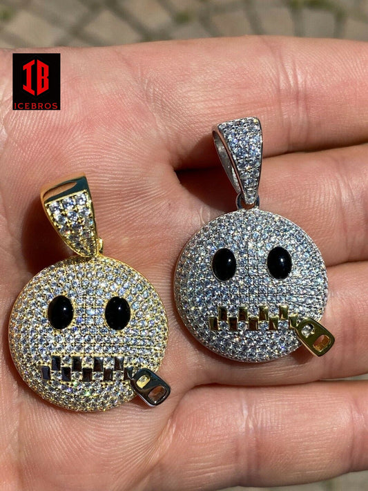 925 Silver Don't Speak  Zipper Mouth Emoji Pendant Necklace Iced