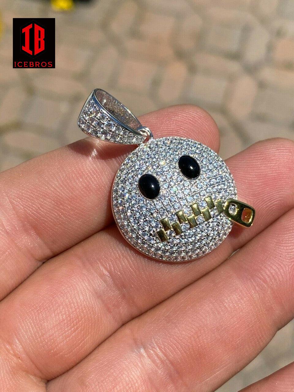 925 Silver Don't Speak  Zipper Mouth Emoji Pendant Necklace Iced