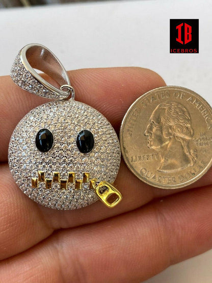 925 Silver Don't Speak  Zipper Mouth Emoji Pendant Necklace Iced