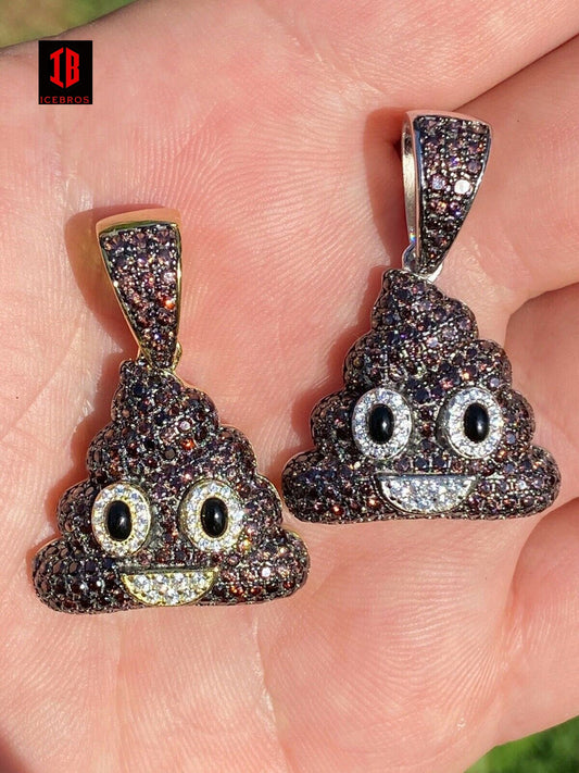 925 Sterling Silver Vermeil Poop Emoji Charm Necklace Iced Diamond