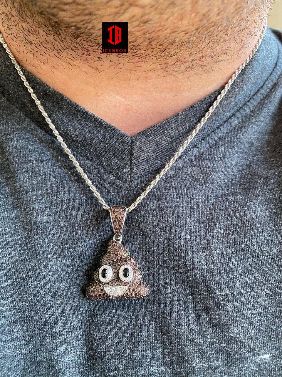 925 Sterling Silver Vermeil Poop Emoji Charm Necklace Iced Diamond