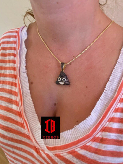 925 Sterling Silver Vermeil Poop Emoji Charm Necklace Iced Diamond