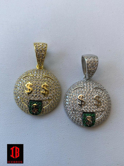 925 Silver Hip Hop Charm Necklace Iced Emoji Money Mouth Rich Money