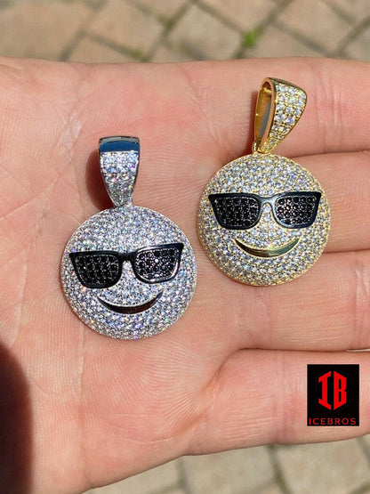 10k 925 Silver Hip Hop Cool Pendant Necklace Iced Smiley Sunglasses Emoji