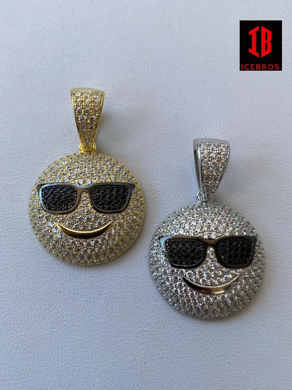 10k 925 Silver Hip Hop Cool Pendant Necklace Iced Smiley Sunglasses Emoji