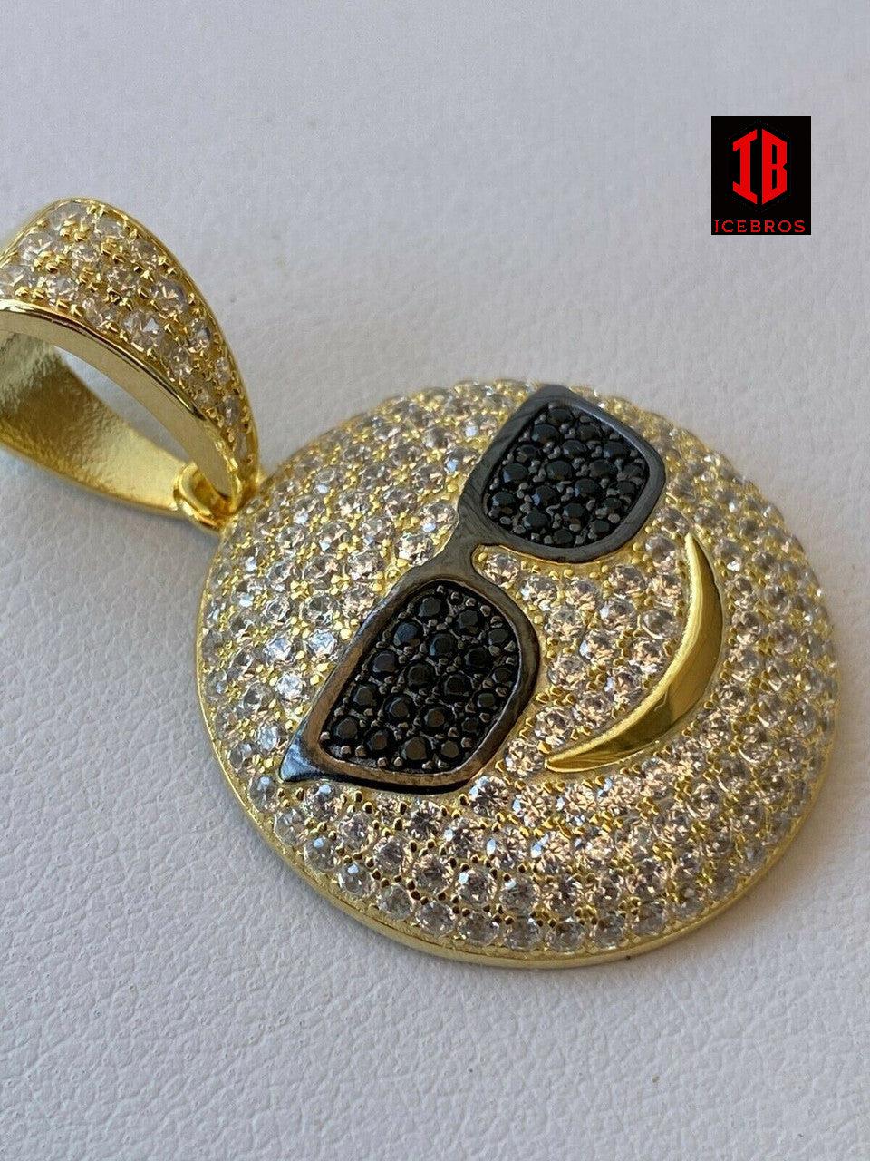 10k 925 Silver Hip Hop Cool Pendant Necklace Iced Smiley Sunglasses Emoji