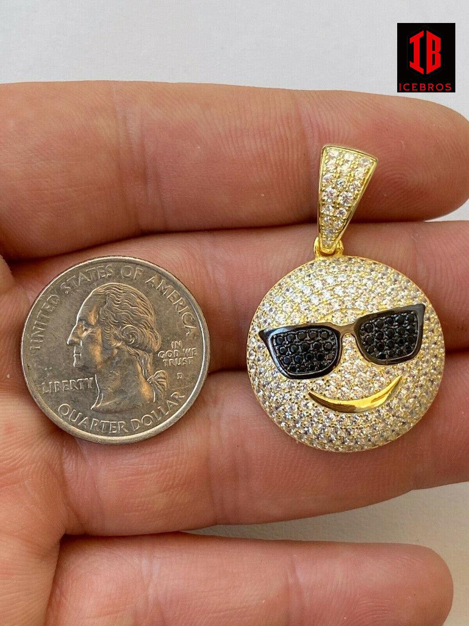 10k 925 Silver Hip Hop Cool Pendant Necklace Iced Smiley Sunglasses Emoji