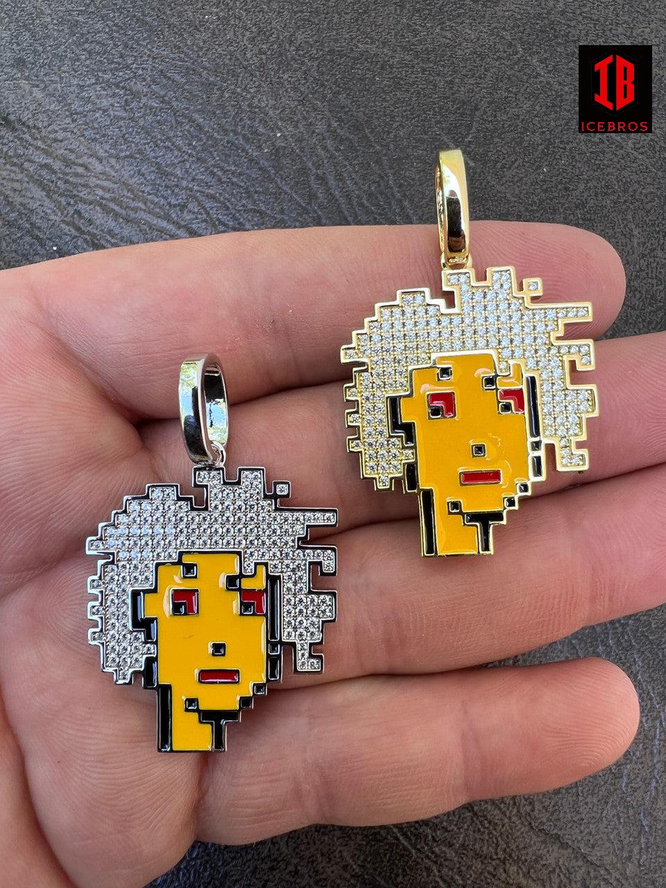 Crypto-punk NFT #2 Girl W. Afro Iced Pendant Necklace Solid 925 Silver Gold Crypto Punk