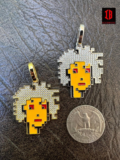 Crypto-punk NFT #2 Girl W. Afro Iced Pendant Necklace Solid 925 Silver Gold Crypto Punk