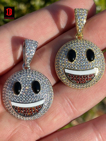 925 Sterling Silver Hip Hop Smiley Enamel Face Emoji Pendant Necklace Iced Gold