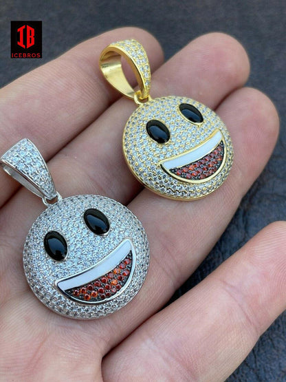 925 Sterling Silver Hip Hop Smiley Enamel Face Emoji Pendant Necklace Iced Gold