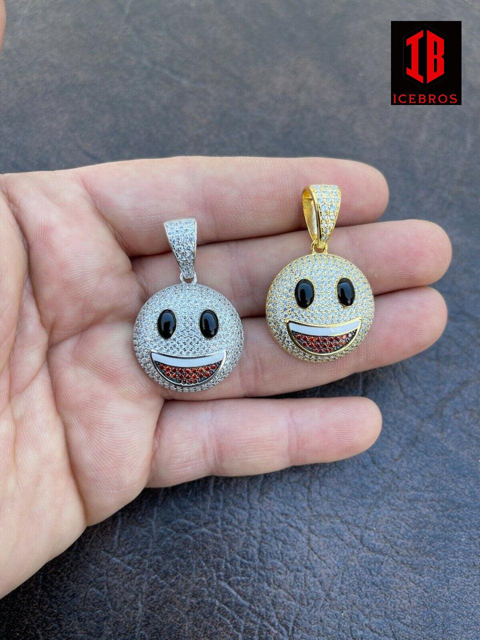925 Sterling Silver Hip Hop Smiley Enamel Face Emoji Pendant Necklace Iced Gold