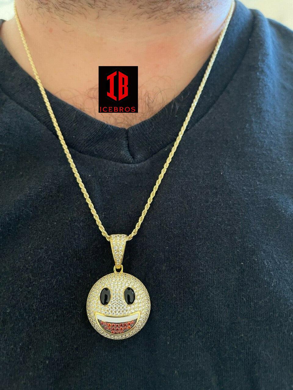 925 Sterling Silver Hip Hop Smiley Enamel Face Emoji Pendant Necklace Iced Gold