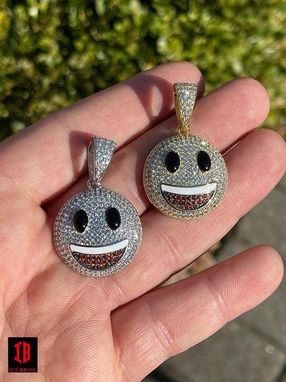 925 Sterling Silver Hip Hop Smiley Enamel Face Emoji Pendant Necklace Iced Gold