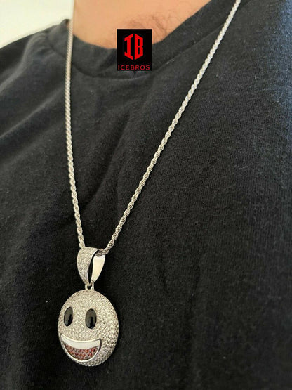 925 Sterling Silver Hip Hop Smiley Enamel Face Emoji Pendant Necklace Iced Gold