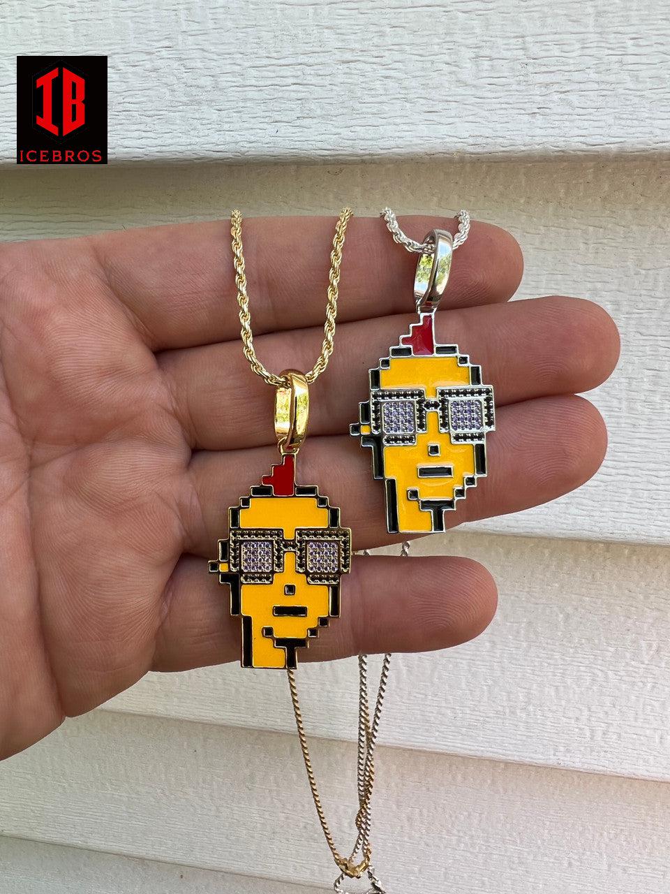 Cryptopunk NFT Pendant #1 Guy Glasses Iced Pendant Necklace Solid 925 Silver 14k Gold Crypto Punk