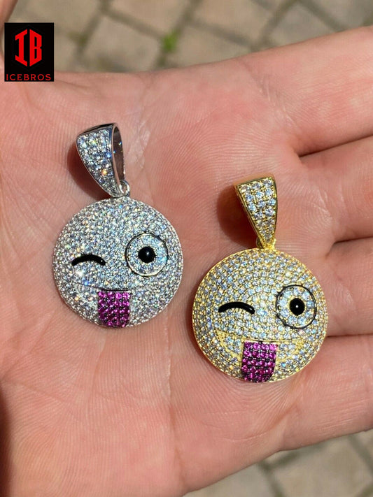 Solid 925 Silver Hip-Hop Pendant Emogy Iced Wink Face Smiley Face Emoji