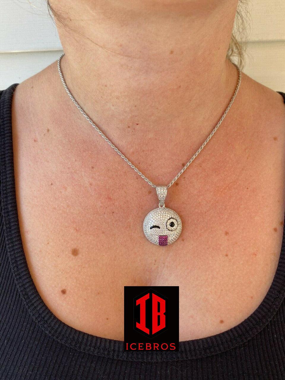 Solid 925 Silver Hip-Hop Pendant Emogy Iced Wink Face Smiley Face Emoji