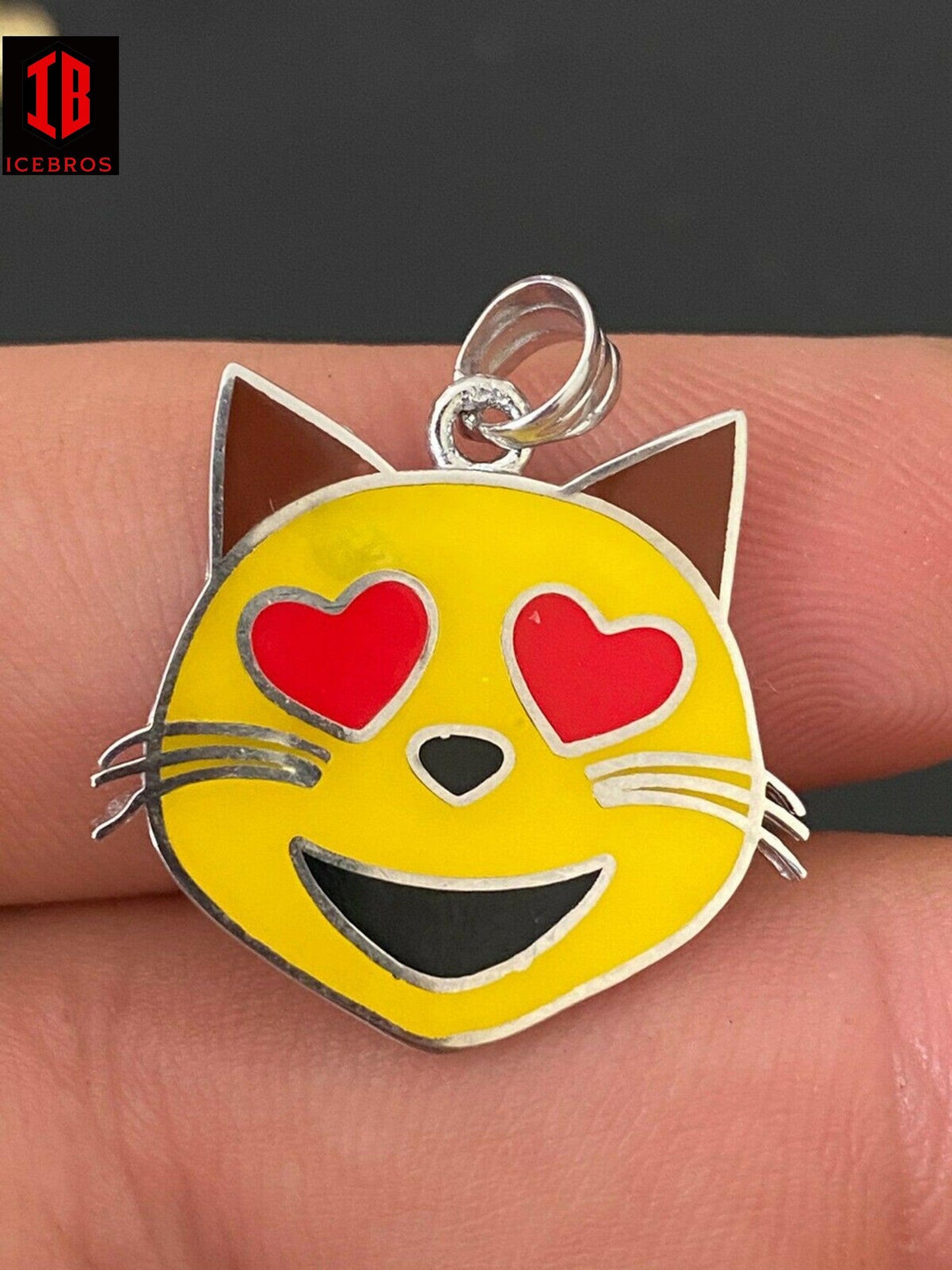 Enamel Kitty Cat Heart Eyes Emoji Solid 925 Sterling Silver Charm Emogy