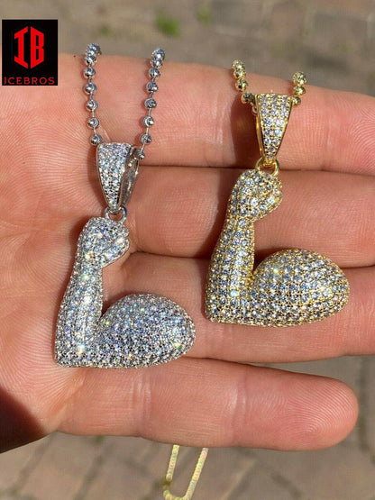 925 Sterling Silver Hip Hop Bicep Strong Big Muscle Emoji Pendant Necklace Iced cz