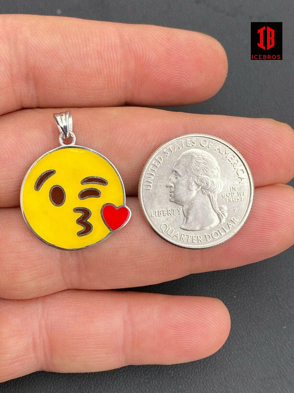 Smiley Blow Kiss Love Enamel Emoji Solid White 925 Sterling Silver 1inch