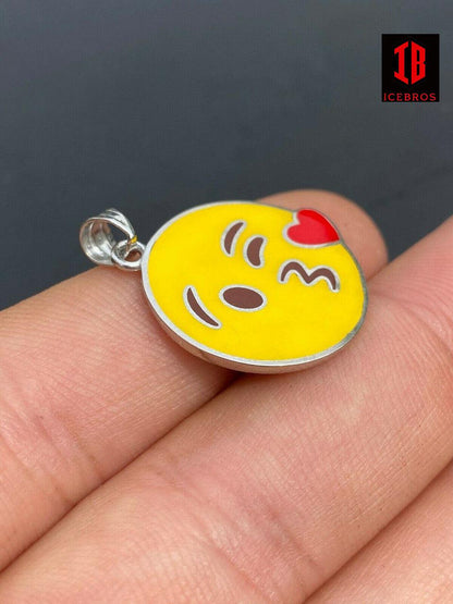 Smiley Blow Kiss Love Enamel Emoji Solid White 925 Sterling Silver 1inch