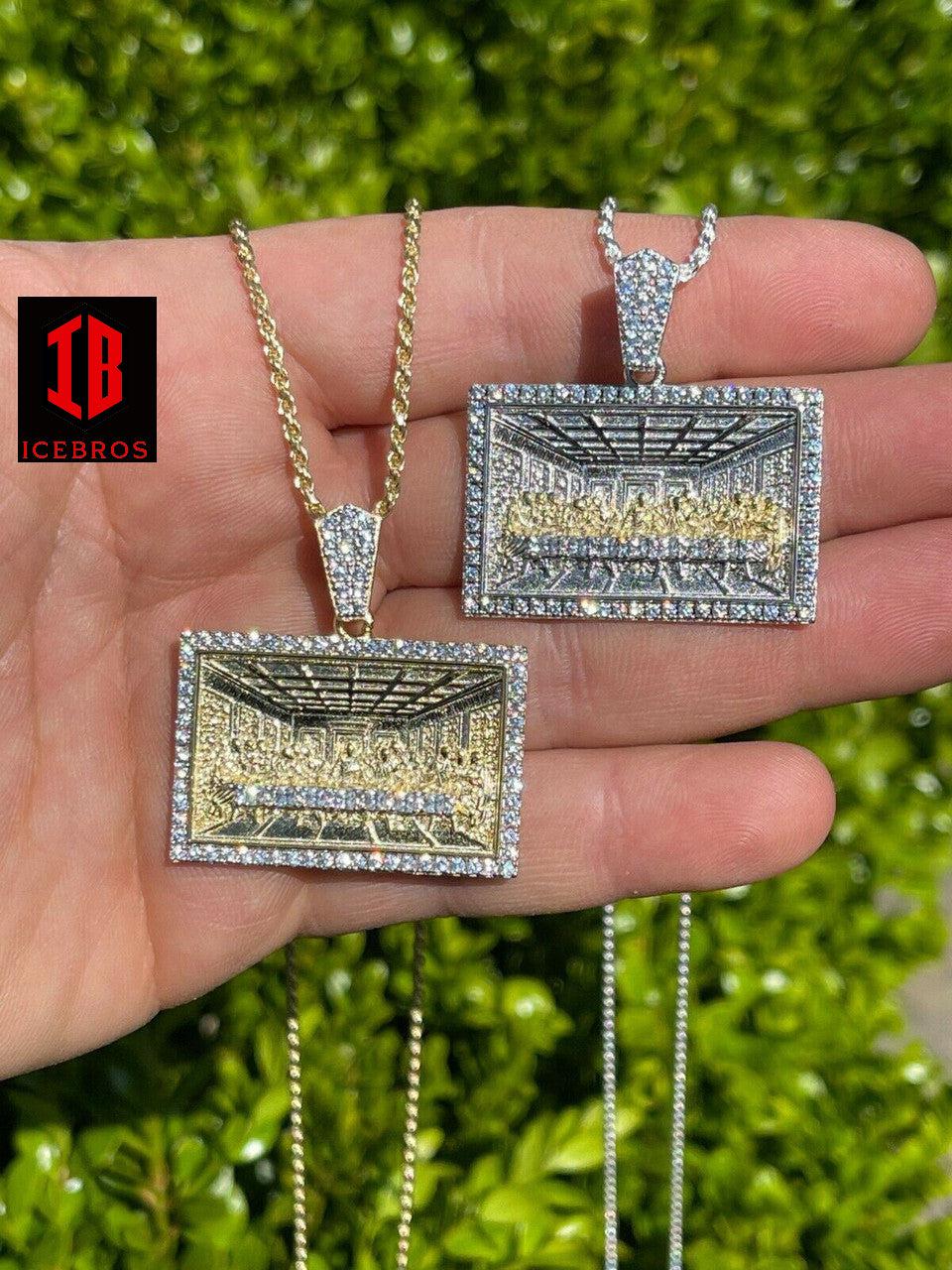 Two Tone  Solid 925 Silver & Gold Iced Men's Jesus Last Supper Pendant Italy Necklace