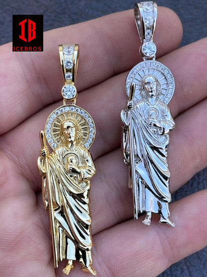 Solid 925 Sterling Silver / Gold St Jude San Saint ST. Judas Tadeo Iced Pendant