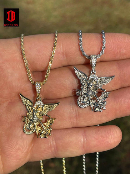 925 Silver Saint Michael Archangel Necklace Pendant Necklace Real Gold Plated