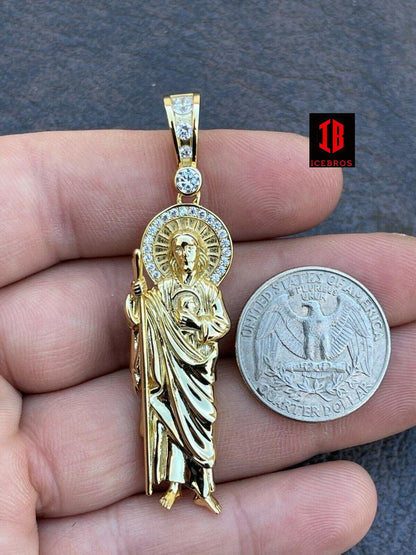 Solid 925 Sterling Silver / Gold St Jude San Saint ST. Judas Tadeo Iced Pendant