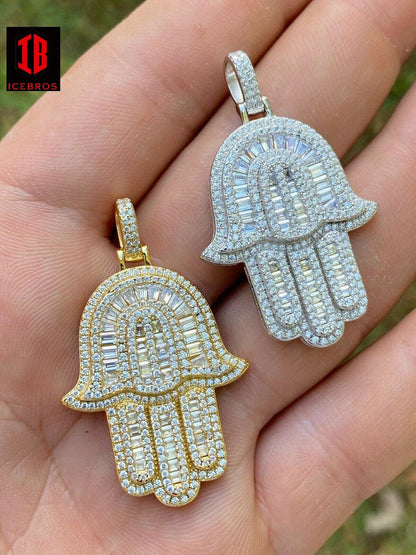925 Sterling Silver 3D Hamsa Hand Pendant Iced Baguette Diamond Necklace Gold