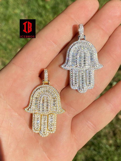 925 Sterling Silver 3D Hamsa Hand Pendant Iced Baguette Diamond Necklace Gold
