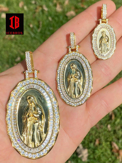 14k White Gold Real 925 Sterling Silver Virgin Mary Necklace Pendant Iced Medallion