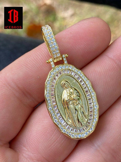14k White Gold Real 925 Sterling Silver Virgin Mary Necklace Pendant Iced Medallion