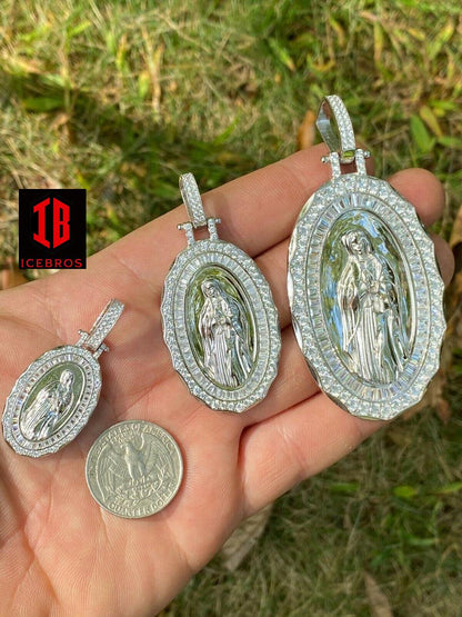 14k White Gold Real 925 Sterling Silver Virgin Mary Necklace Pendant Iced Medallion