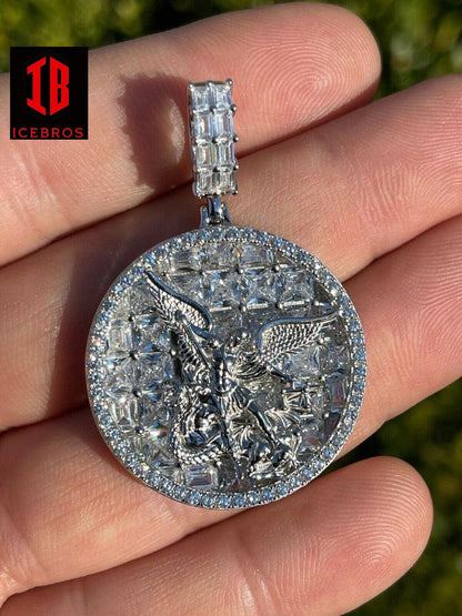 925 Silver St Saint Michael Archangel Circle Emerald Pendant Ice Gold Medallion