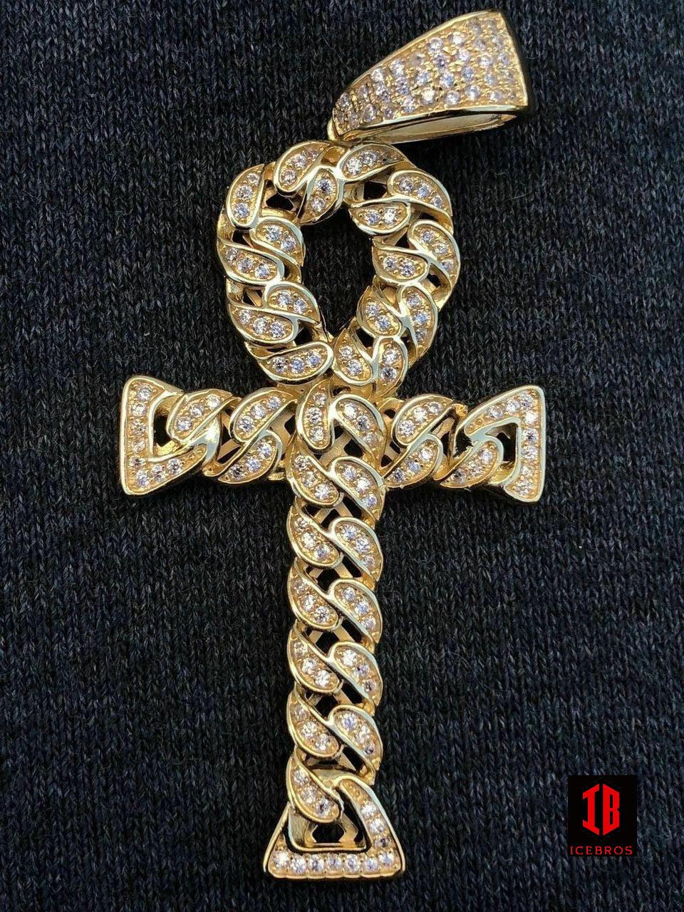 Ankh Cuban Link Cross 14k Gold Vermeil 925 Sterling Silver Pendant 1ct cz Diamond