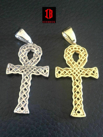 Ankh Cuban Link Cross 14k Gold Vermeil 925 Sterling Silver Pendant 1ct cz Diamond