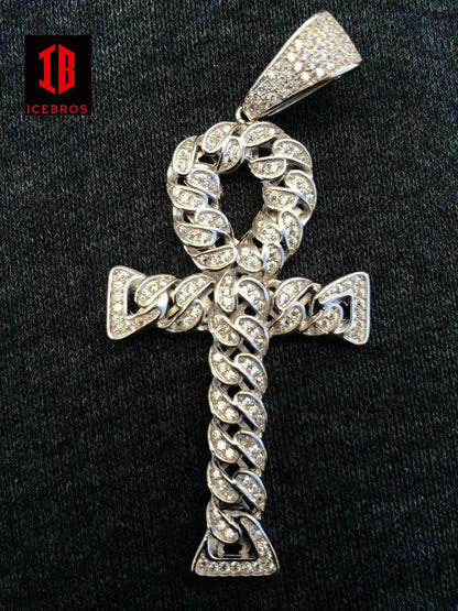 Ankh Cuban Link Cross 14k Gold Vermeil 925 Sterling Silver Pendant 1ct cz Diamond